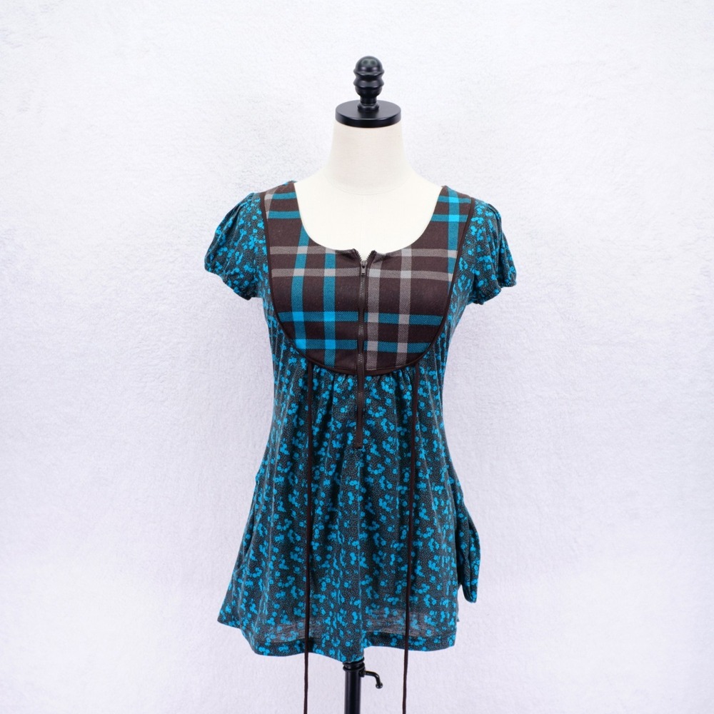 Charlotte Russe -Medium- Plaid Teal Brown Bodice Floral‎ Sheer Blouse Top